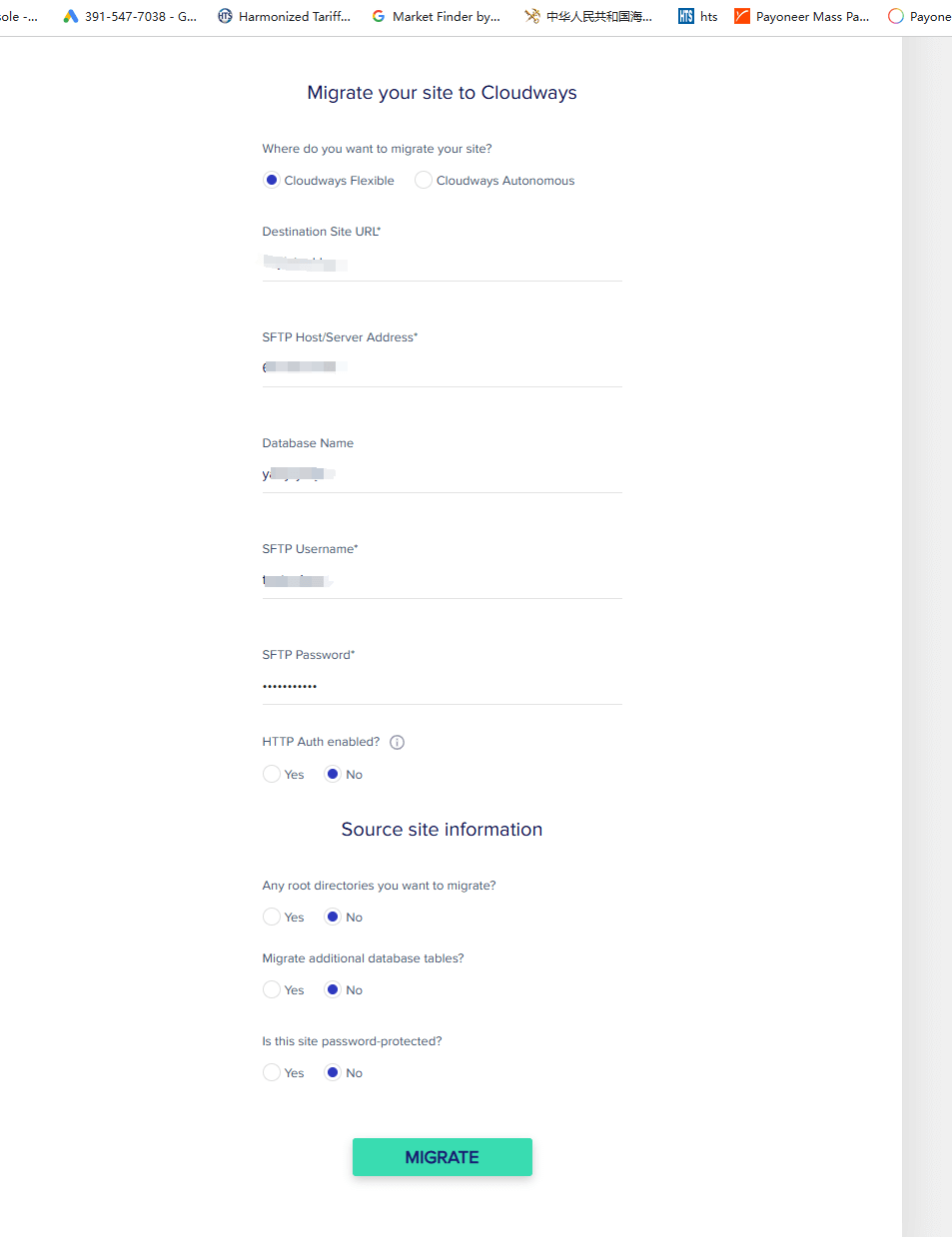 填写完整搬迁信息 1 cloudways网站搬家信息