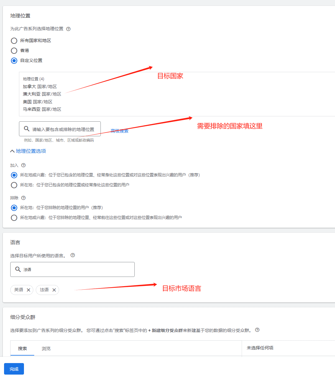 setting details 设置谷歌广告目标地区人群