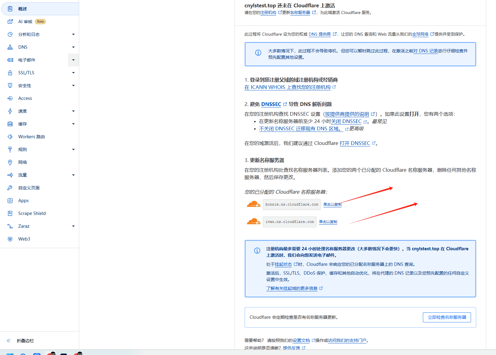 Cloudflare教程：免费CDN配置指南，提升网站速度 – 回到概述页面复制cloudflare服务器名称