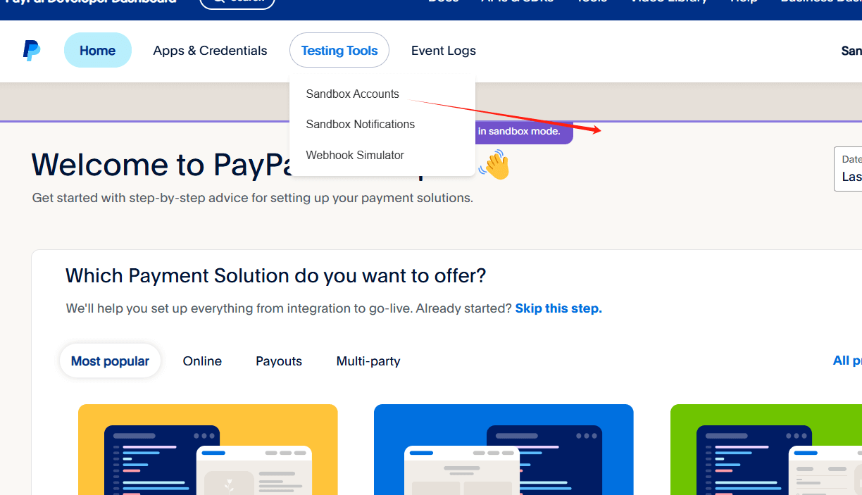 click the sandbox accounts 点击沙盒测试账户